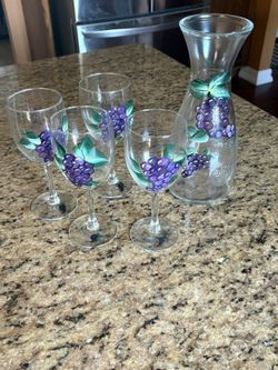 Hand Painted Wine Decanter & Glasses