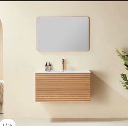 36" Wall Mounted Floating Single Vanity Natural Walnut With Ceramic Sink, 2 Drawers, Fully Assembled Elegance SKU:W1826P308971-GIGA