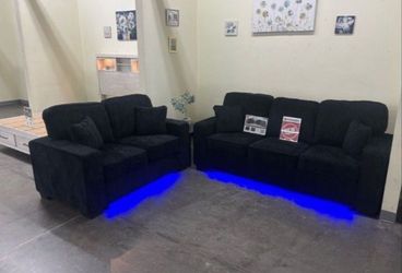 Black Fabric Sofa and Loveseat Set with built -in LED Lights