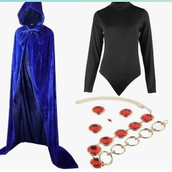 Women's Halloween Cosplay Costume Cape Long Sleeve Bodysuit Hooded Cloak with Gem