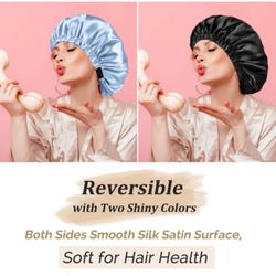 Satin Bonnet Silk Bonnet for Sleeping Women and Men, Ajustable Hair Bonnet for Curly Hair with Double Layer Hair Bonnet Light Blue - Black