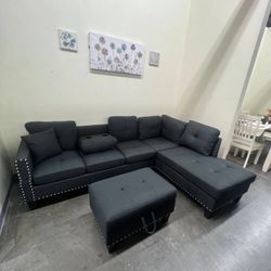 3-pc Sectional Sofa With Storage Ottoman Charcoal Or Taupe Grey New