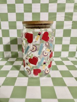 Teacher Appreciation Libbey Glass Cup, With Glass Straw, & Bamboo Lid 