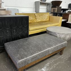 Microfiber and Wood Cocktail Ottoman, Slate and Walnut