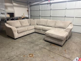 Large Beige Fabric Sectional Sofa with Chaise