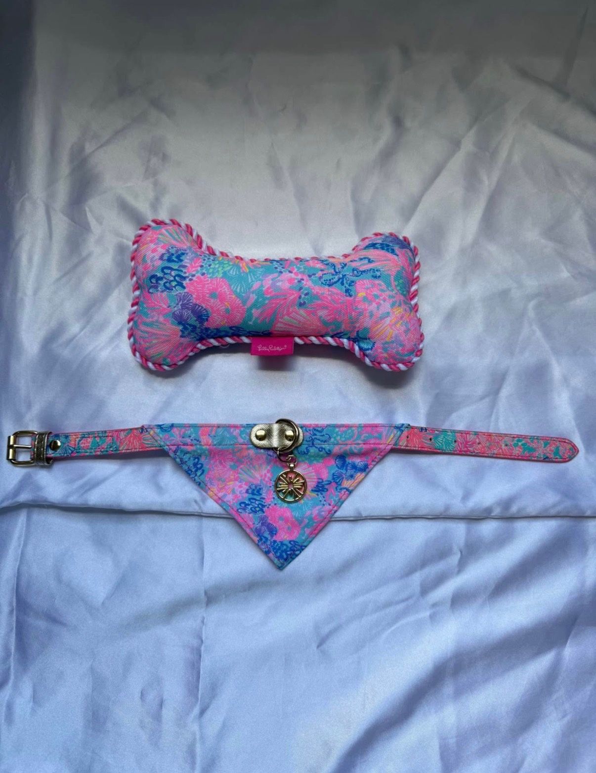 Lilly Pulitzer “Splendor in the Sand” Bandana Dog Collar and Matching Dog Toy Bone - Set of 2