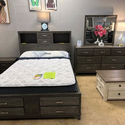 Gray Bookcase Storage Platform Bedroom Set/ Dresser, Mirror, NightStand, Bed/ Queen And King Size Available 