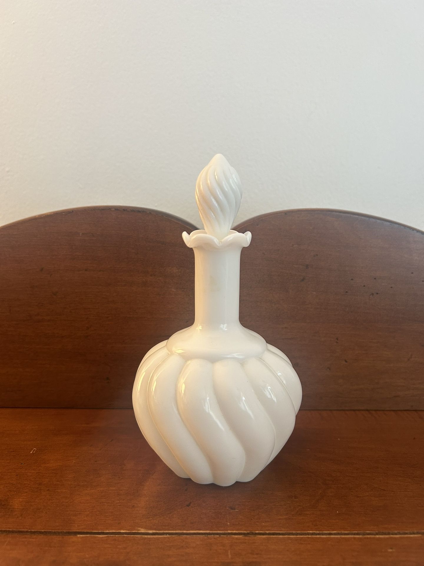 Vintage Milk Glass Perfume Bottle with Stopper - just under 7” tall x 3.75” wide