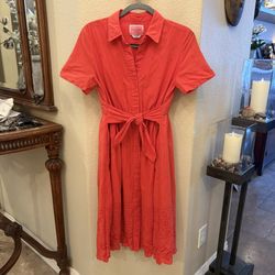 KATE SPADE Women Orange Eyelet Tie-Waist Button Midi Shirt Dress Size Small