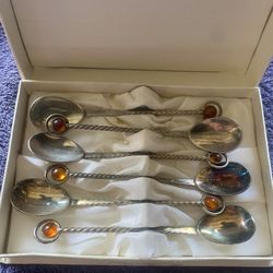 Boxed Set Of 6 Spoons, Poland Silver plated, Baltic Amber Stone