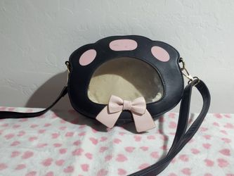 Black Paw Print Crossbody Purse Bag with Pink Bow