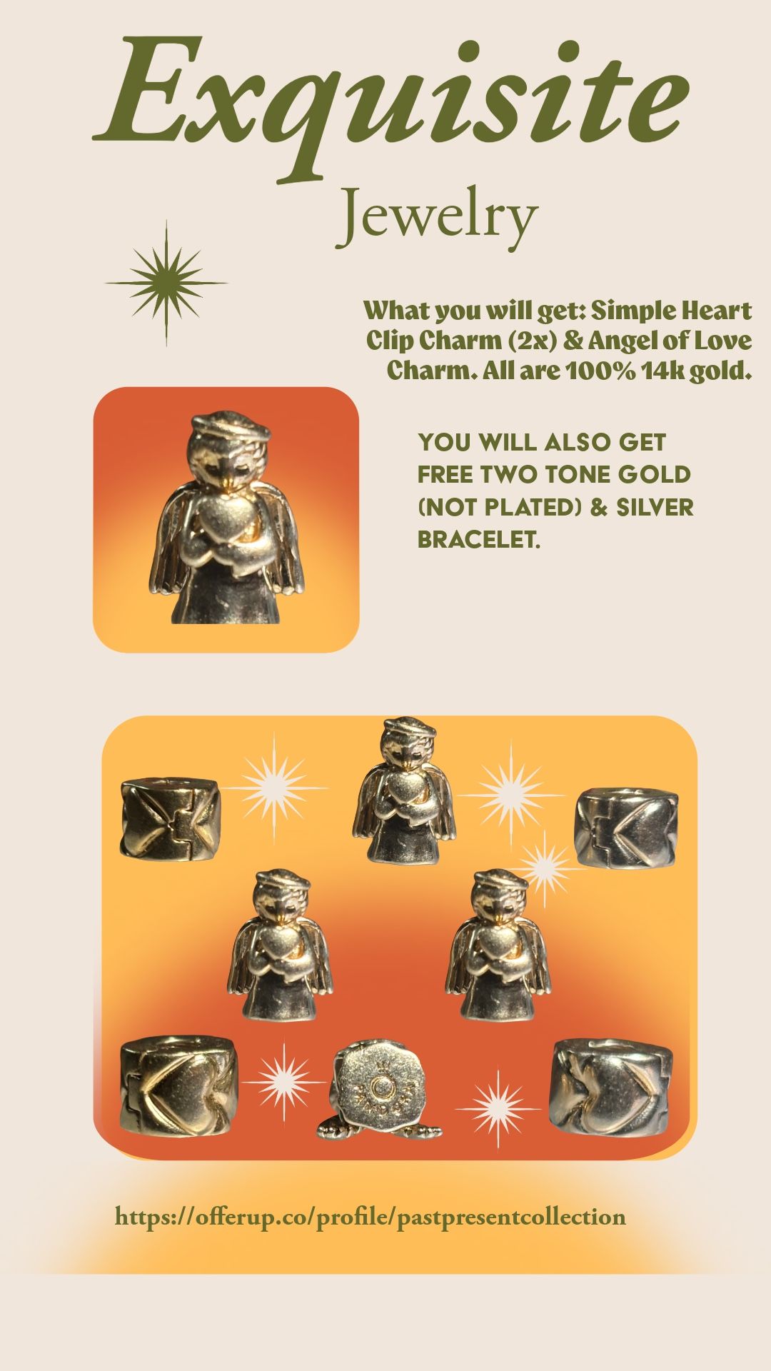 Retired Pandora 14k Gold Angel of Love Charm + 2 Heart Clips w/ Free Two-Tone Bracele