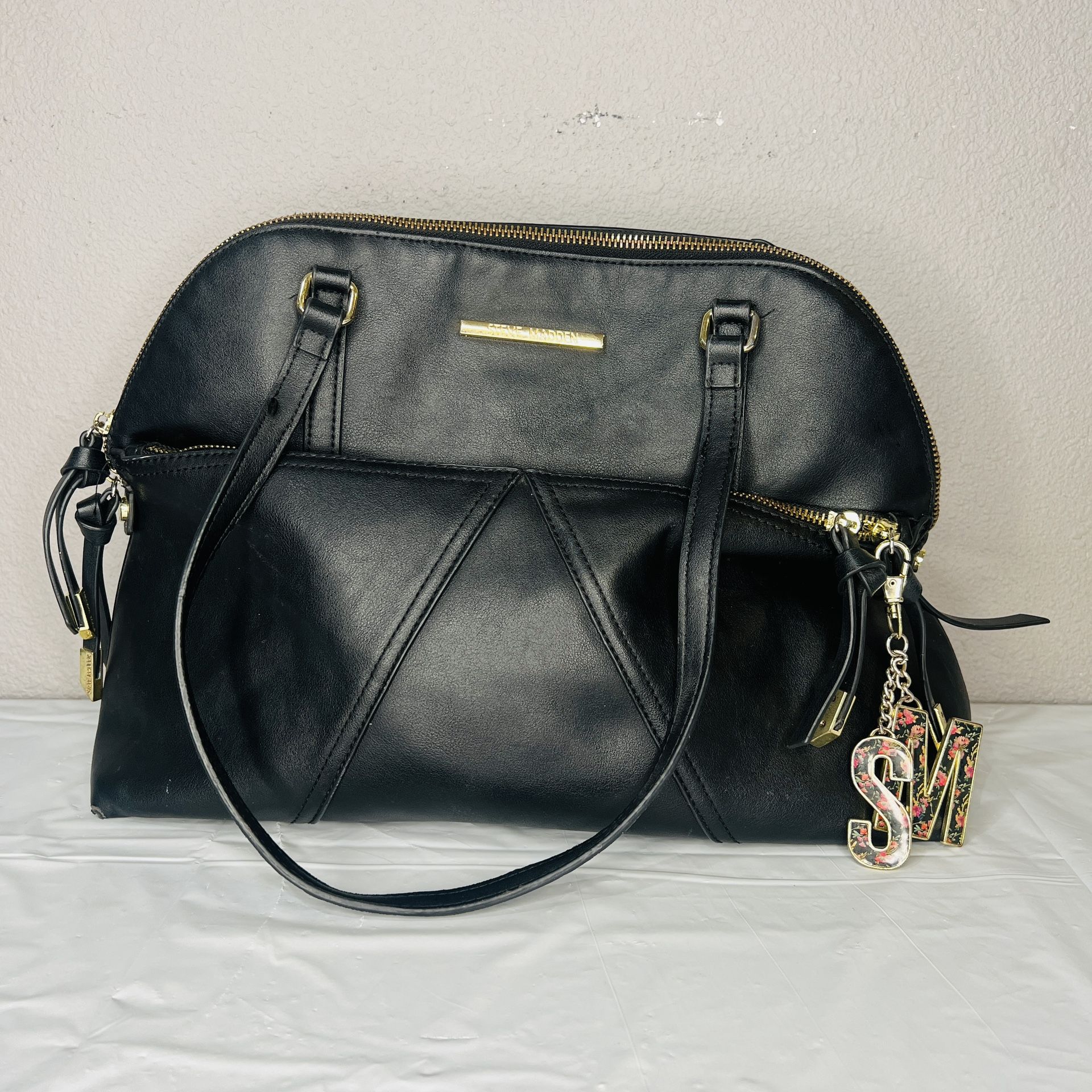 Steve Madden Black Satchel Tote Bag Purse Gold And Floral Accents