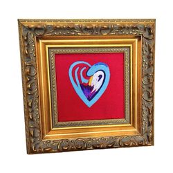 Original Abstract Painting Heart Against Red Background Framed Vintage Gold Gilt