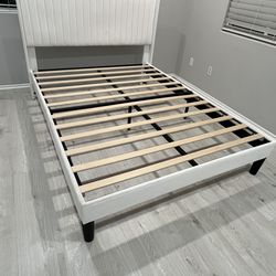 Modern White Upholstered Queen Bed Frame – Slat Support
