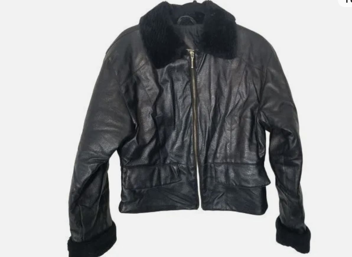 Vintage Current Seen Womens S Black Faux Leather faux Fur Trim Full Zip Jacket