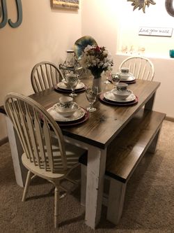 Solid Wood Distressed Table and bench.