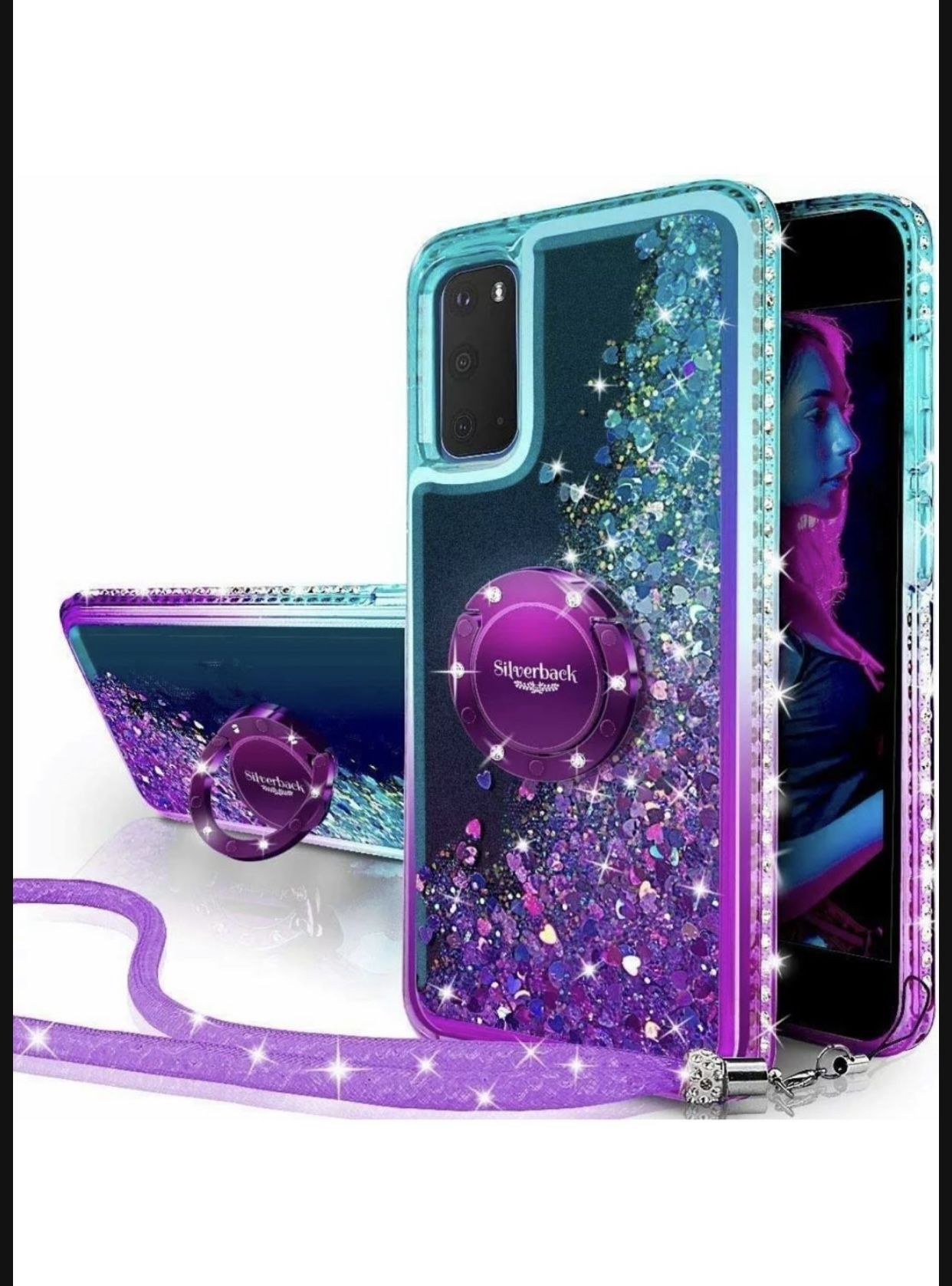 Bling Liquid Glitter Cover Ring Stand For Samsung Galaxy S20 Plus