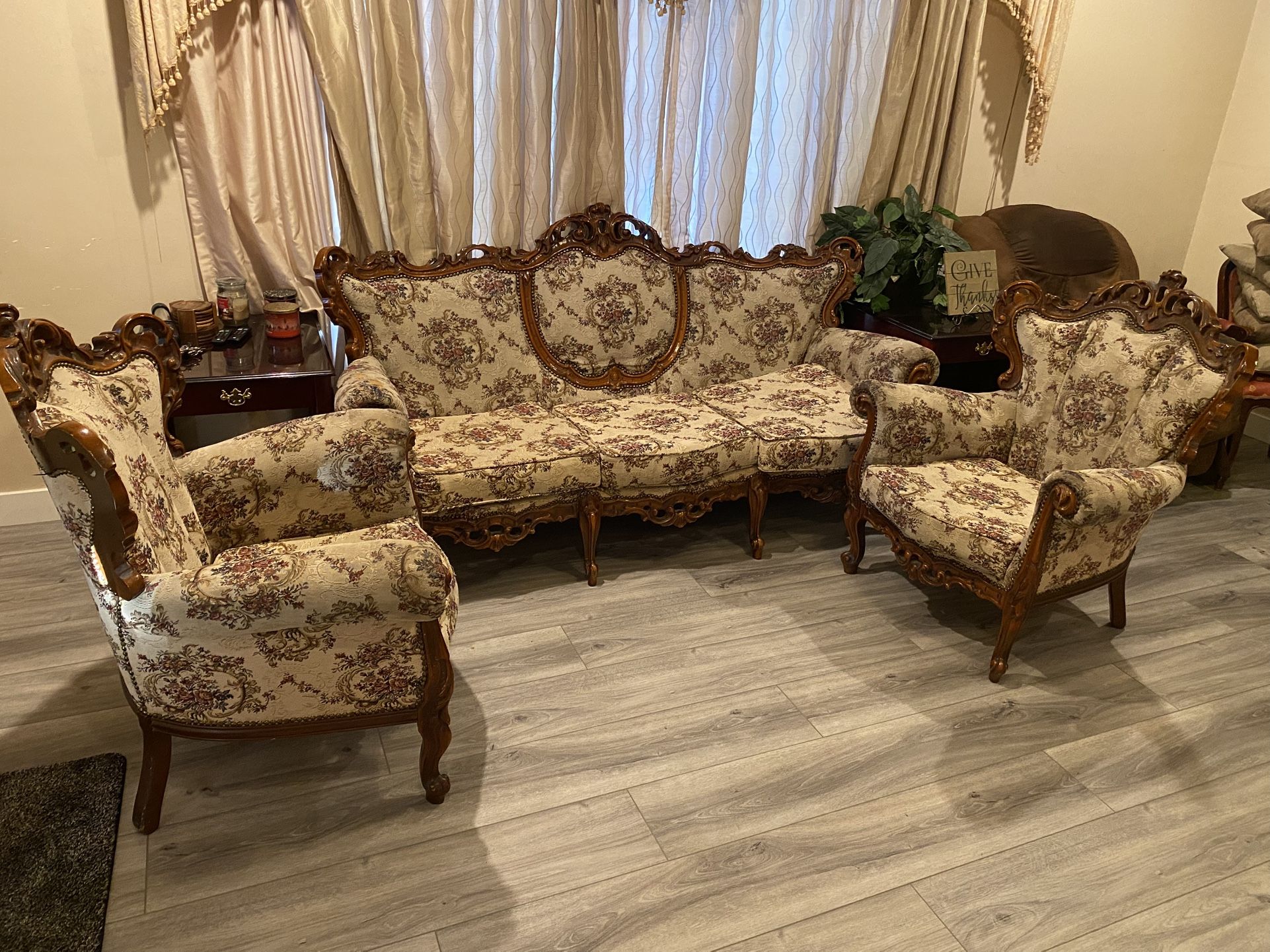 Vintage 1980s 3 Piece Couch Set (French Wood) (re-upholstered)