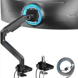 ARES WING Ultrawide Monitor Arm with USB A/C, for 17 to 49 inch Heavy Duty Screen, Holds 44 lbs, Adjustable Gas Spring Arm Desk Mount with Clamp