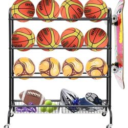 NEW Sports Ball Storage Rack w/ Wire Storage Baskets & Wheels