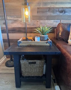 Jaxon (Living Spaces) Rustic Dark Wood Coffee Table with X-Brace Sides and 2 matching side tables