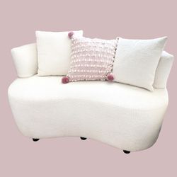 Cute Curved White Boucle Loveseat