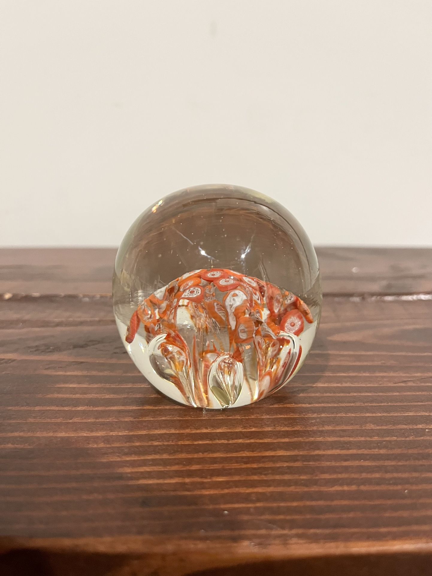 Vintage Millefiori Art Glass Paperweight Blown Orange Red Bubble Flat Bottom