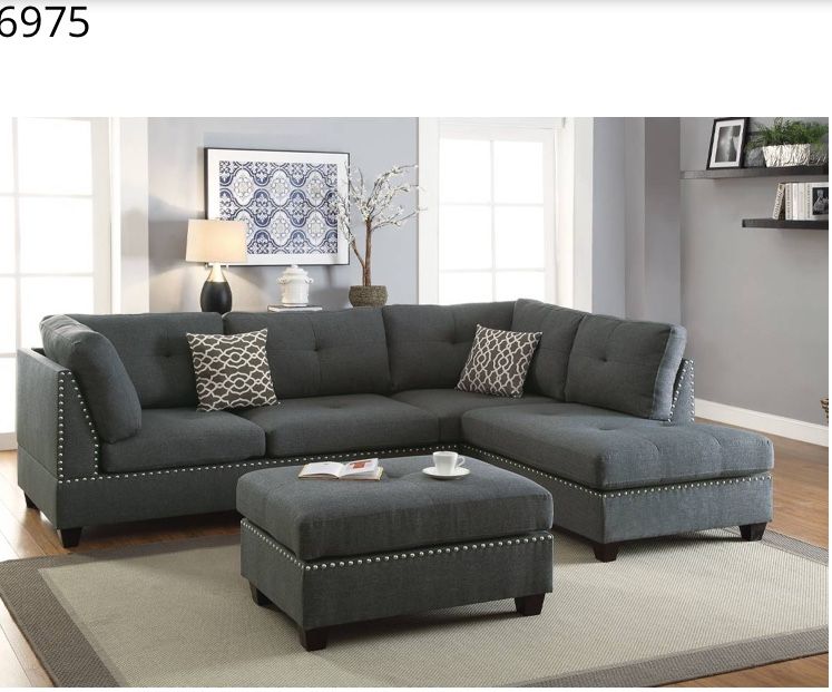 3pc Reversible Sectional Sofa Set W/ Ottoman-Blue Grey Or Black