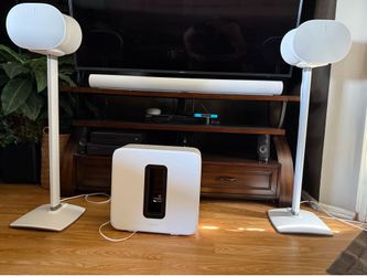 Sonos White Arc S19 Soundbar, Sub 3, & Pair of Era 300 Speakers With Stands.