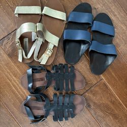 Women’s leather Sandals (3 pairs) 2 Steve Madden (gold size 9.5 & black size 9) & BDG blue size 9