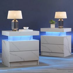 Nightstands with 2 Drawers, Nightstand with Drawers for Bedroom Furniture, Side Bed Table with LED Light, White Marble Set Of 2 