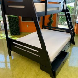 Black solid wood twin / full bunk bed with two storage drawers
