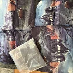 New 4 Pcs Halloween Shower Curtain Sets Gothic Haunted House Spooky Castle Bathroom Decor Curtains with Bath Mat,Toilet Seat Cover, U-Shape Contoured 