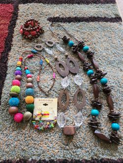 Colorful jewelry including earrings, wooden necklace and bracelet