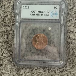 Graded US Penny 2025 2025 1C ICG - MS67 RD Last Year of Issue ICG