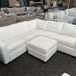 White Thick Comfy Corduroy Sectional And Ottoman 
