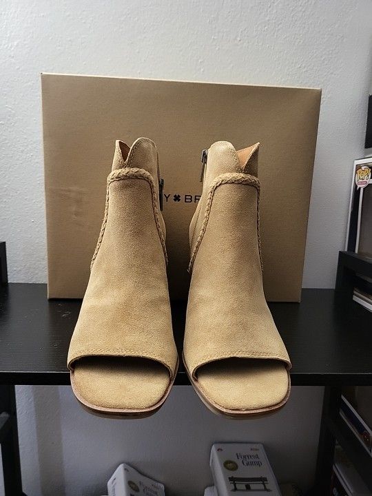 Lucky Brand Lureli Wedge Bootie Suede Peep Toe Ankle Boots Tan Women's Sz 9 NIB