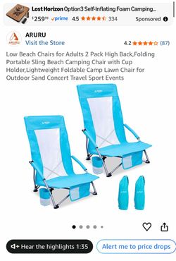 ARURU Folding Beach Chairs 2-Pack with Cup Holders