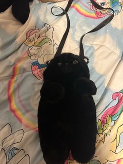 black cat plush purse