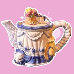Vintage 1997 Avon Whimsical Decorative Porcelain Cottage Teapot Blue Rose Glazed
