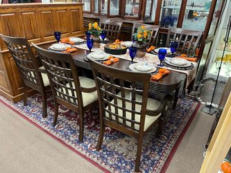 Dark Brown Dining Table w/ 6 Upholstered Chairs