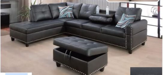 New in box black faux leather sectional set special