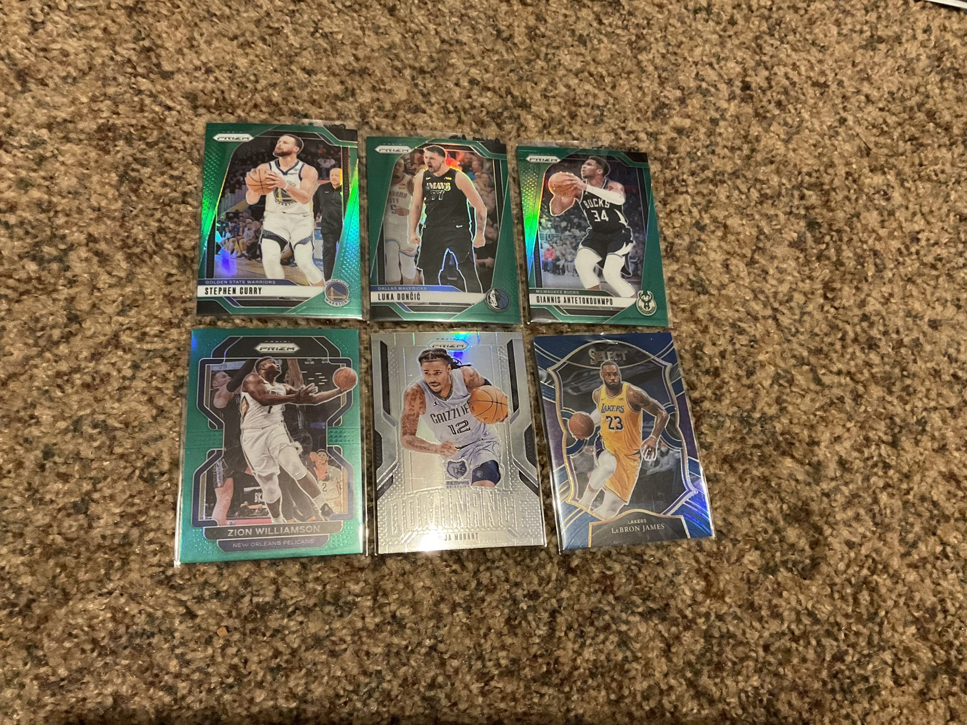 6 Green & Silver Prizm NBA Superstar Basketball Cards-curry, LeBron, Luka, Giannis, Zion, Ja Morant