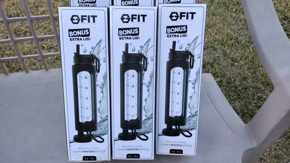 32 oz Glass Water Bottle with Straw Lid, Time Marker, Sleeve, Extra Lid & Water Bottle Holder with Strap - Motivational, Wide Mouth,