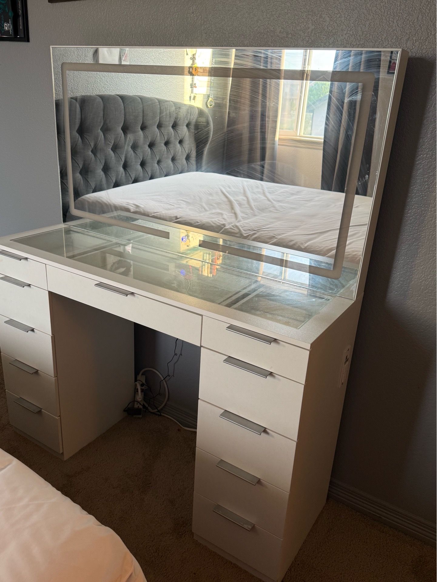 LED Lighted Vanity Desk with Mirror + Storage Stool – $150 OBO