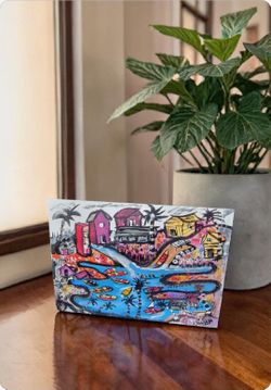 Colorful Tropical Village Canvas Painting – Vibrant Coastal Folk Art Wall Décor.