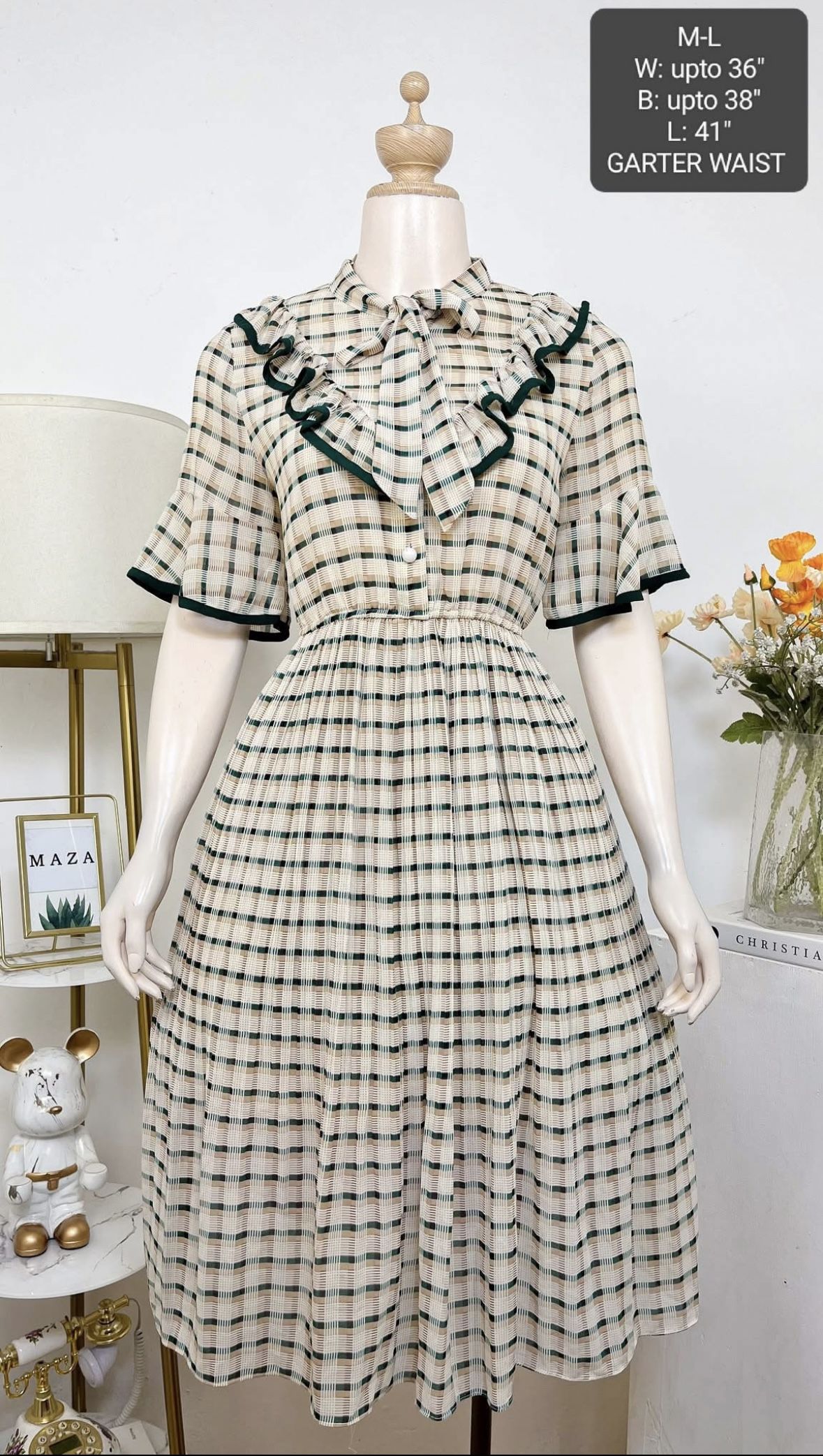 Vintage-Inspired Checkered Midi Dress ( Actual Photo)
