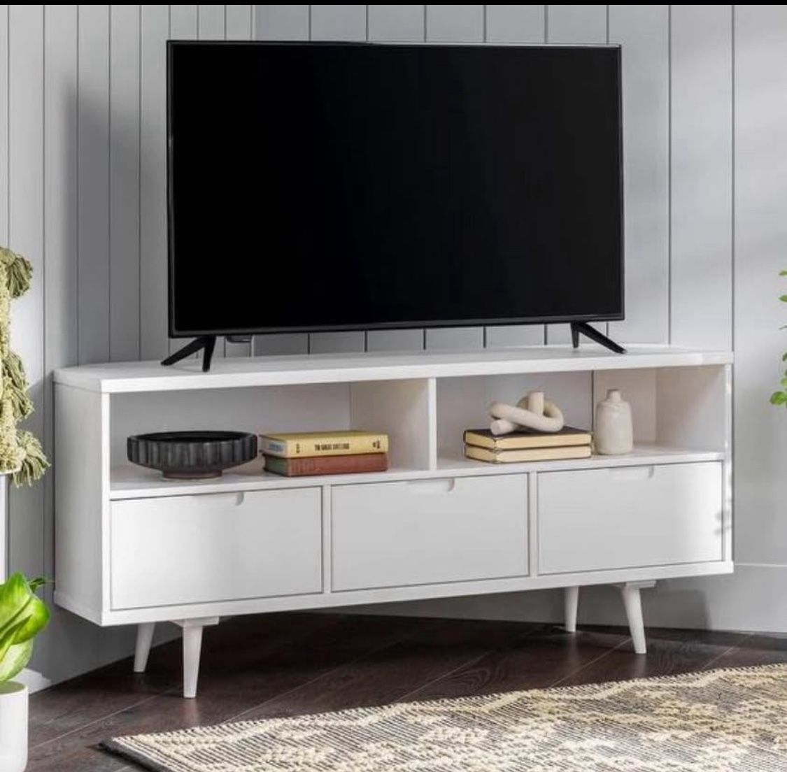 New Solid Wood White Mid-Century TV Stand Entertainment Center