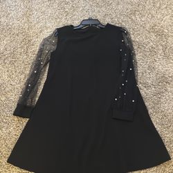 Black Dress With Pearls On Sheer Sleeves 